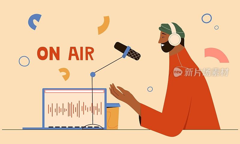 Podcast concept, man in headphones talking in microphone, recording stream using laptop. Vector illustration in flat style